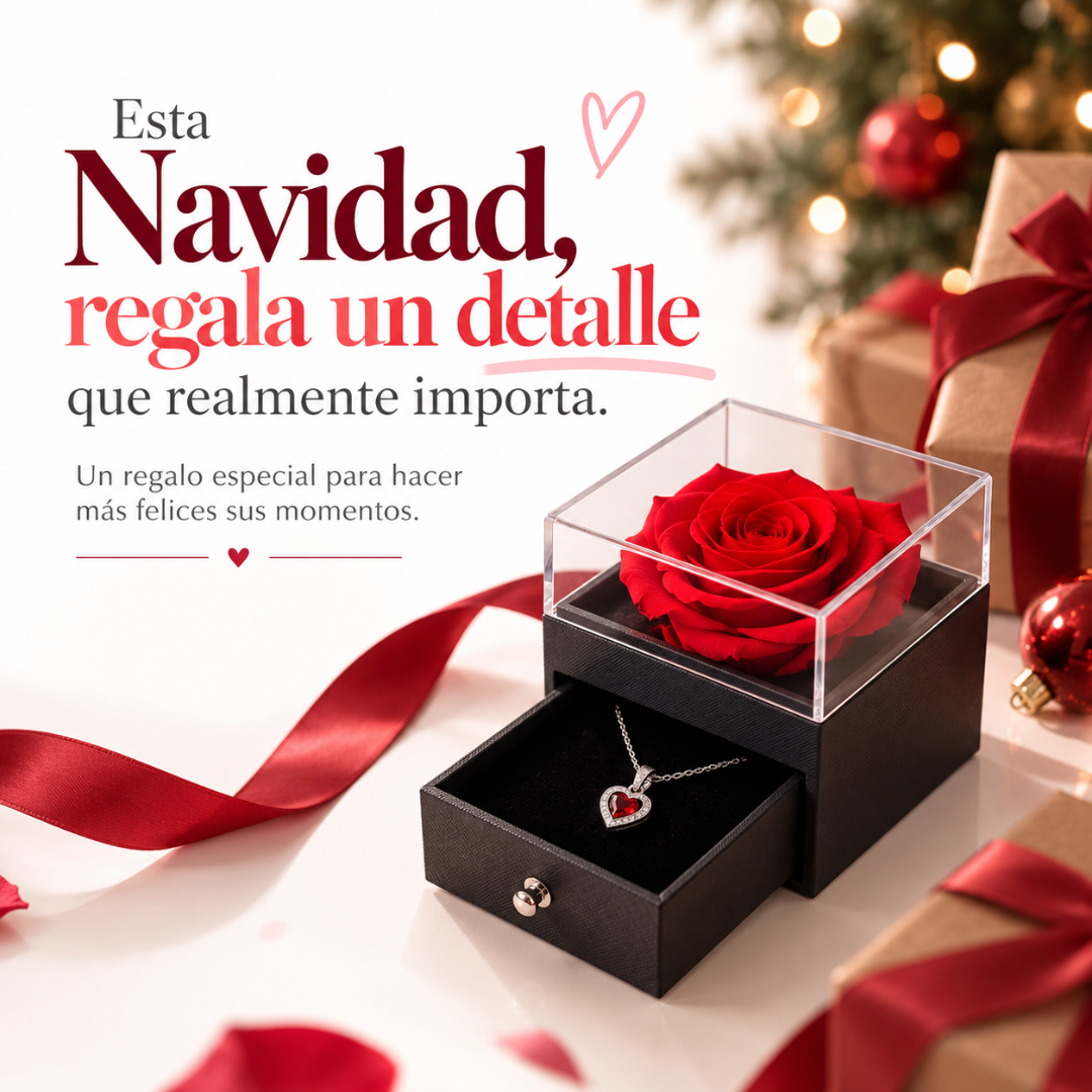 Rosa eterna con collar de corazón y caja de regalo