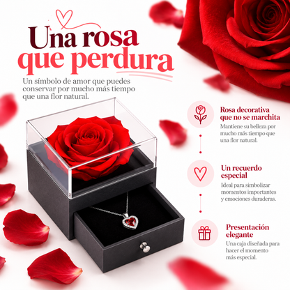 Rosa eterna con collar de corazón y caja de regalo