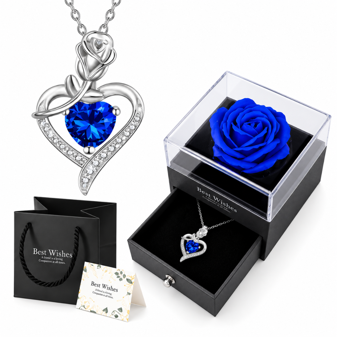 Rosa eterna con collar de corazón y caja de regalo