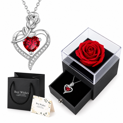 Rosa eterna con collar de corazón y caja de regalo